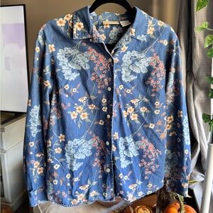 Liz Claiborne Lizwear Petite Blue Floral Blouse Button Down Shirt Too Vintage